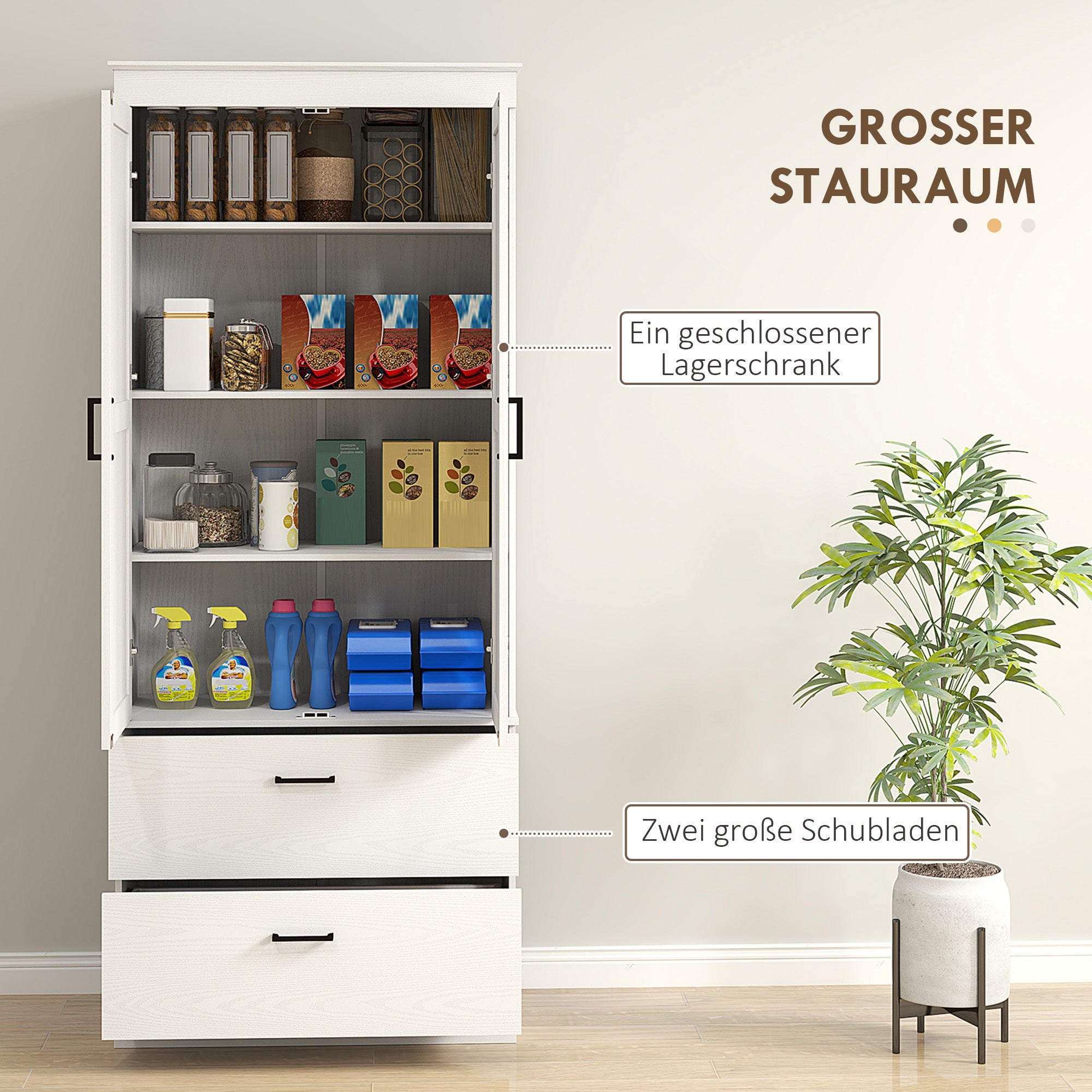 Högt köksbufféskåp, ställbara hyllor, gräddvit