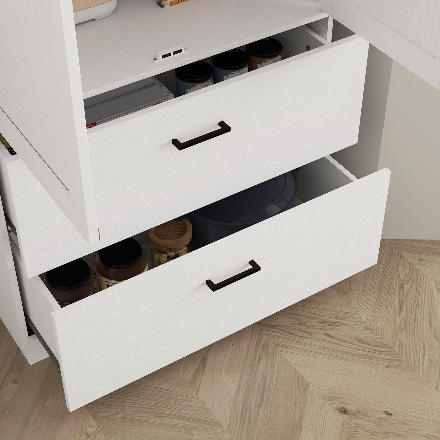 Högt köksbufféskåp, ställbara hyllor, gräddvit