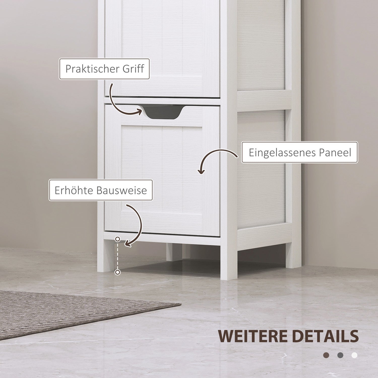 Högt vitt badrumsskåp med lådor och öppna hyllor