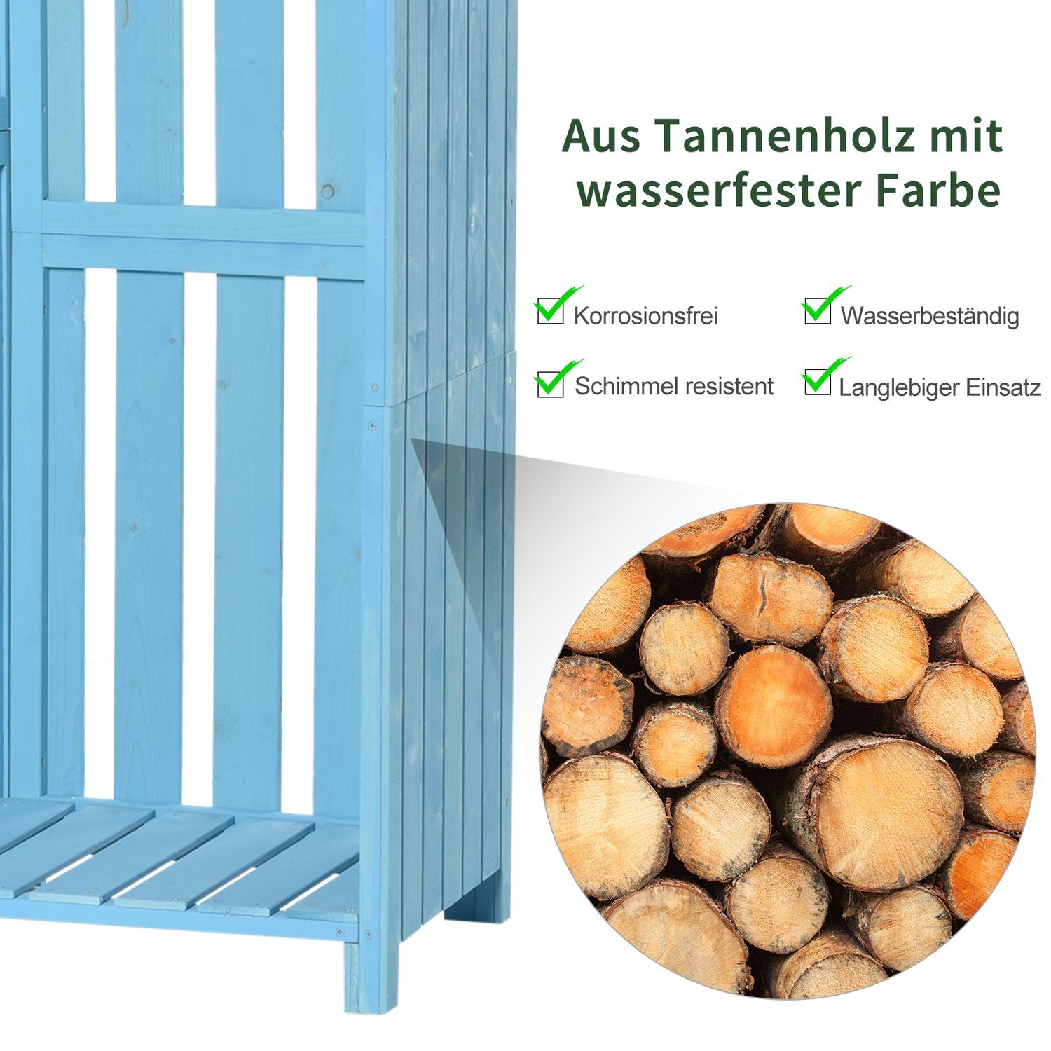 Himmelsblå trädgårdsbod, vedförvaring, 3 hyllor, 130x54,5x180 cm