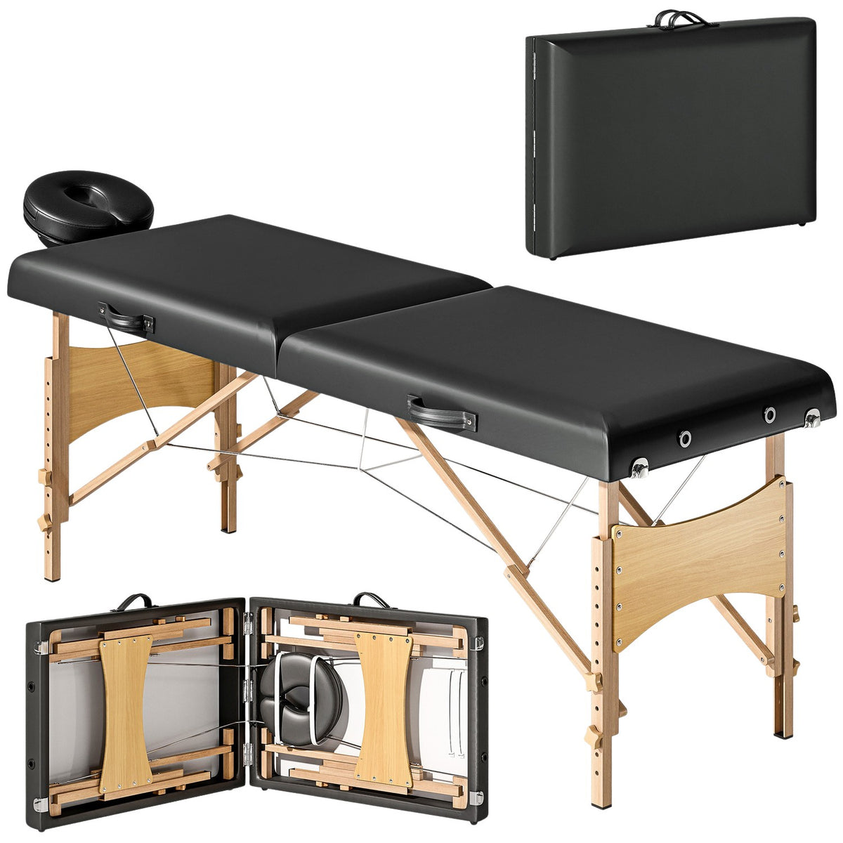 Höjdjusterbar massagebänk, träram, hopfällbar massagebädd, skumstoppning, svart