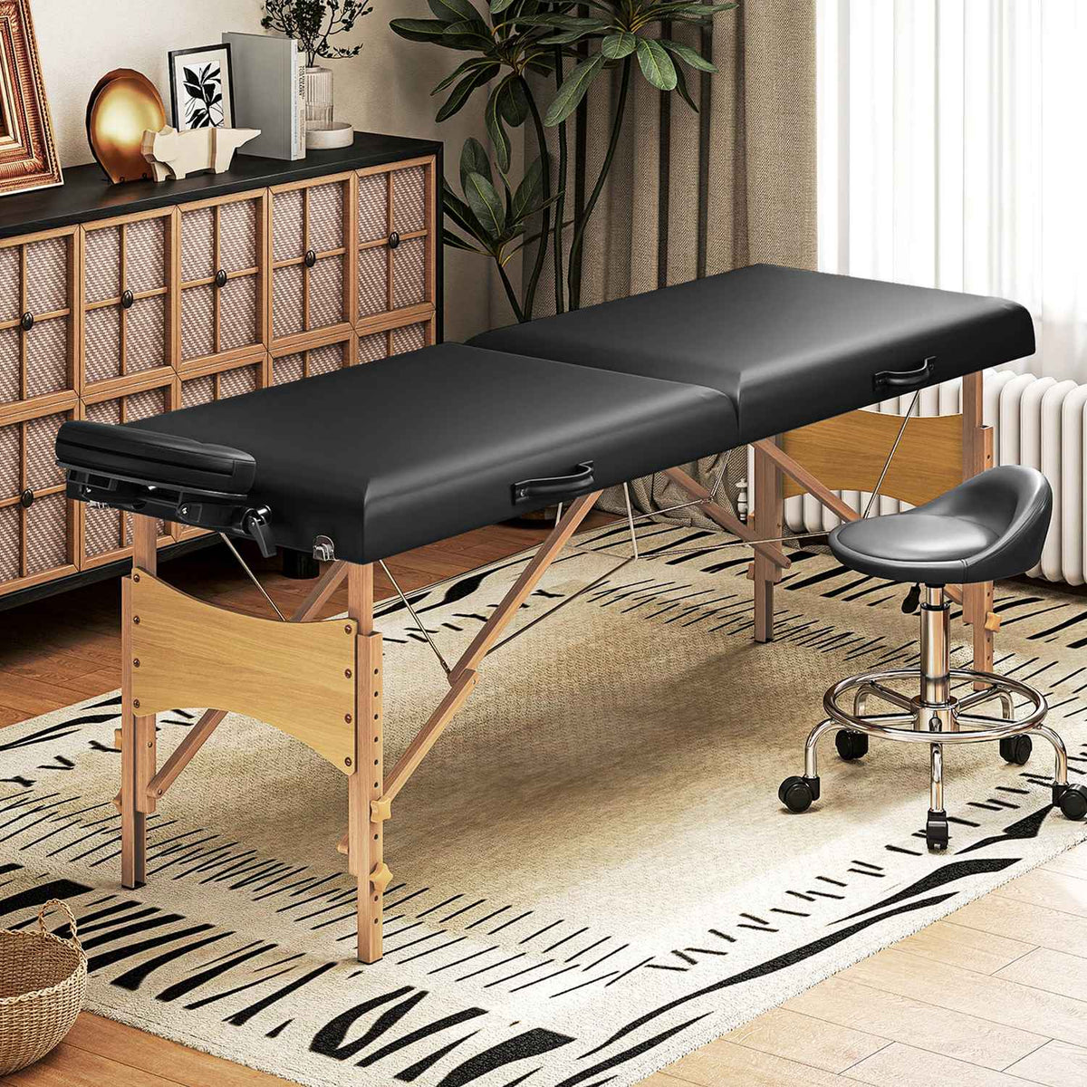 Höjdjusterbar massagebänk, träram, hopfällbar massagebädd, skumstoppning, svart