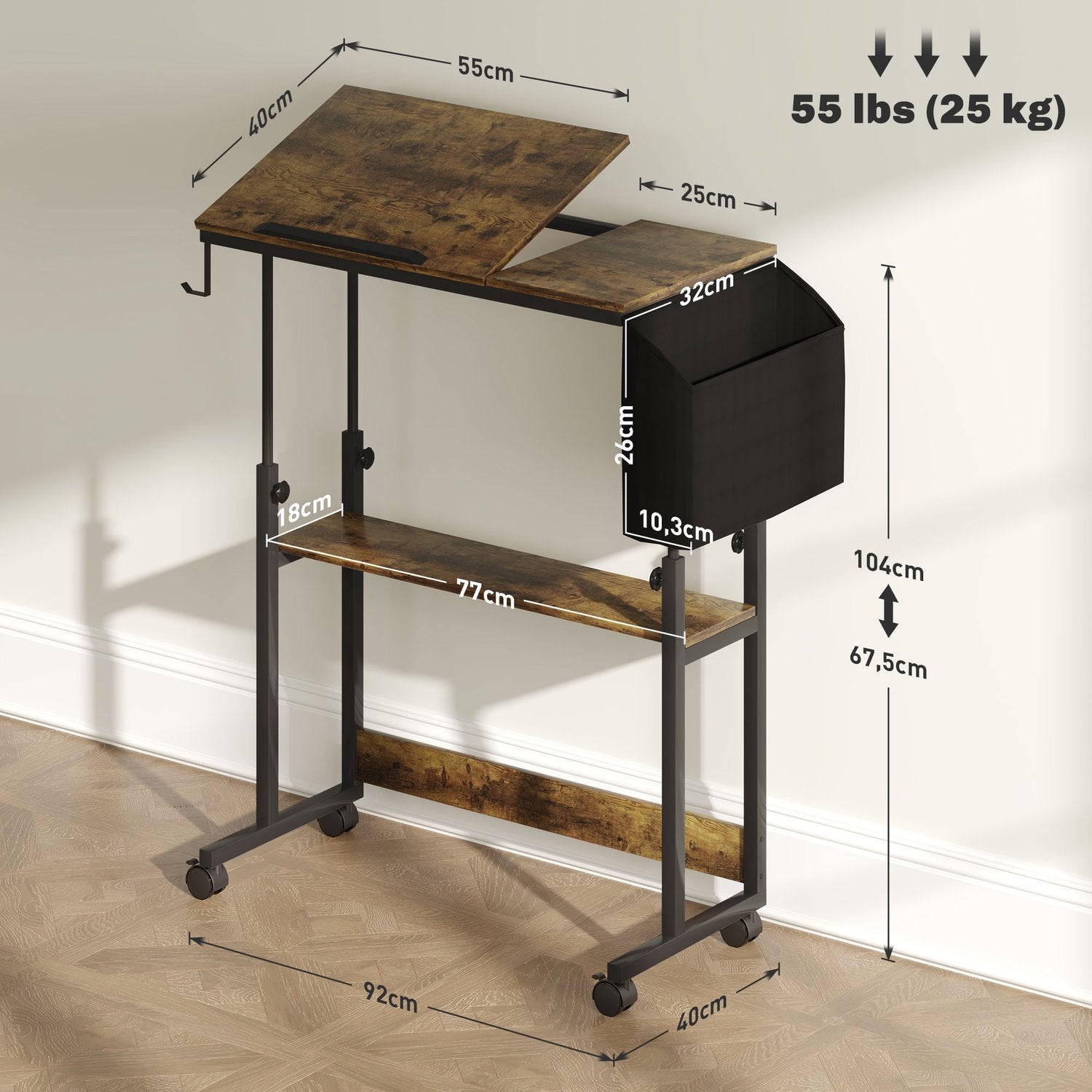 Höjdjusterbart datorbord, 92x40 cm, Rustikbrun