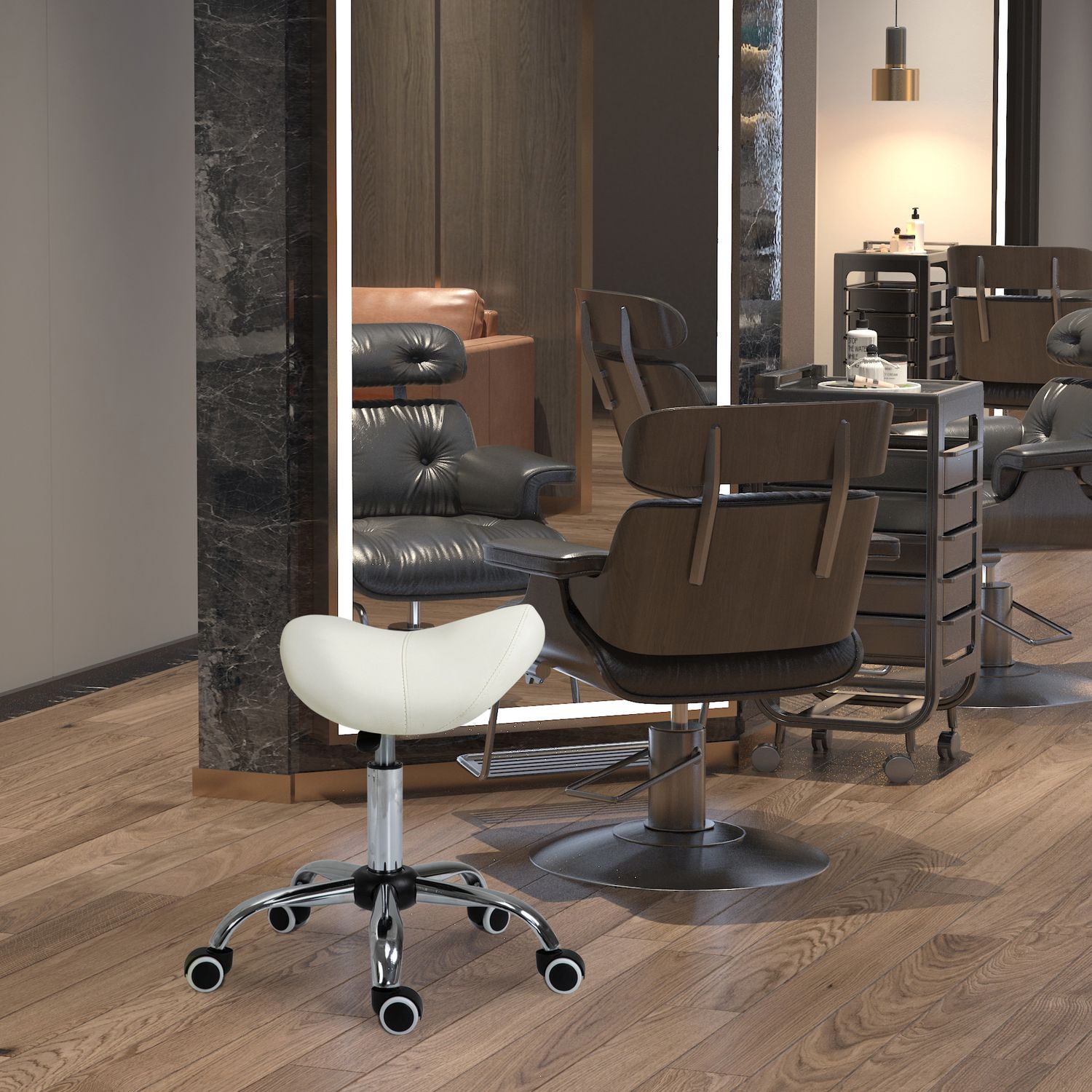 Höjdjusterbar vit sadel Arbetspall, vadderad