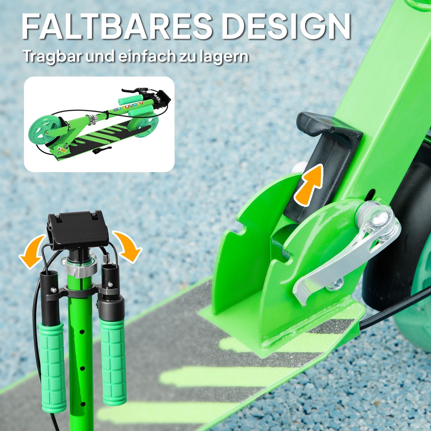 Hopfällbar barnskoter, justerbar höjd, 2 lätta hjul, grön