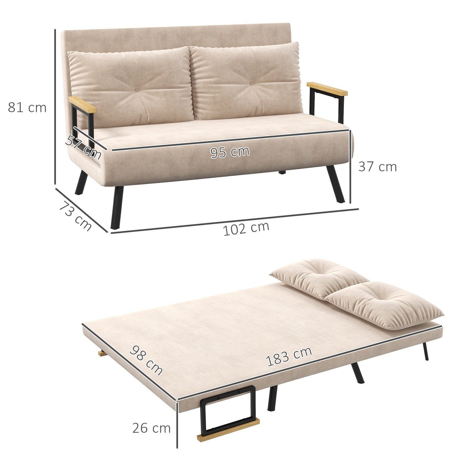Hopfällbar bäddsoffa i sammetslook, justerbar, beige, 102x73x81 cm