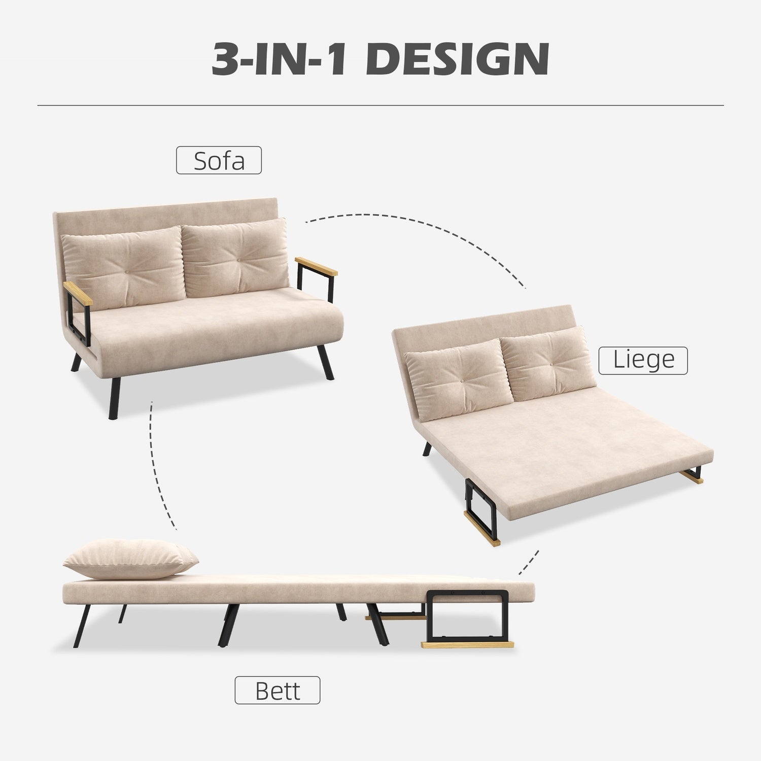 Hopfällbar bäddsoffa i sammetslook, justerbar, beige, 102x73x81 cm
