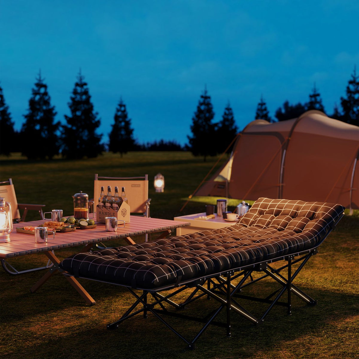 Hopfällbar campingsäng med sidficka – halkfri, 150 kg kapacitet