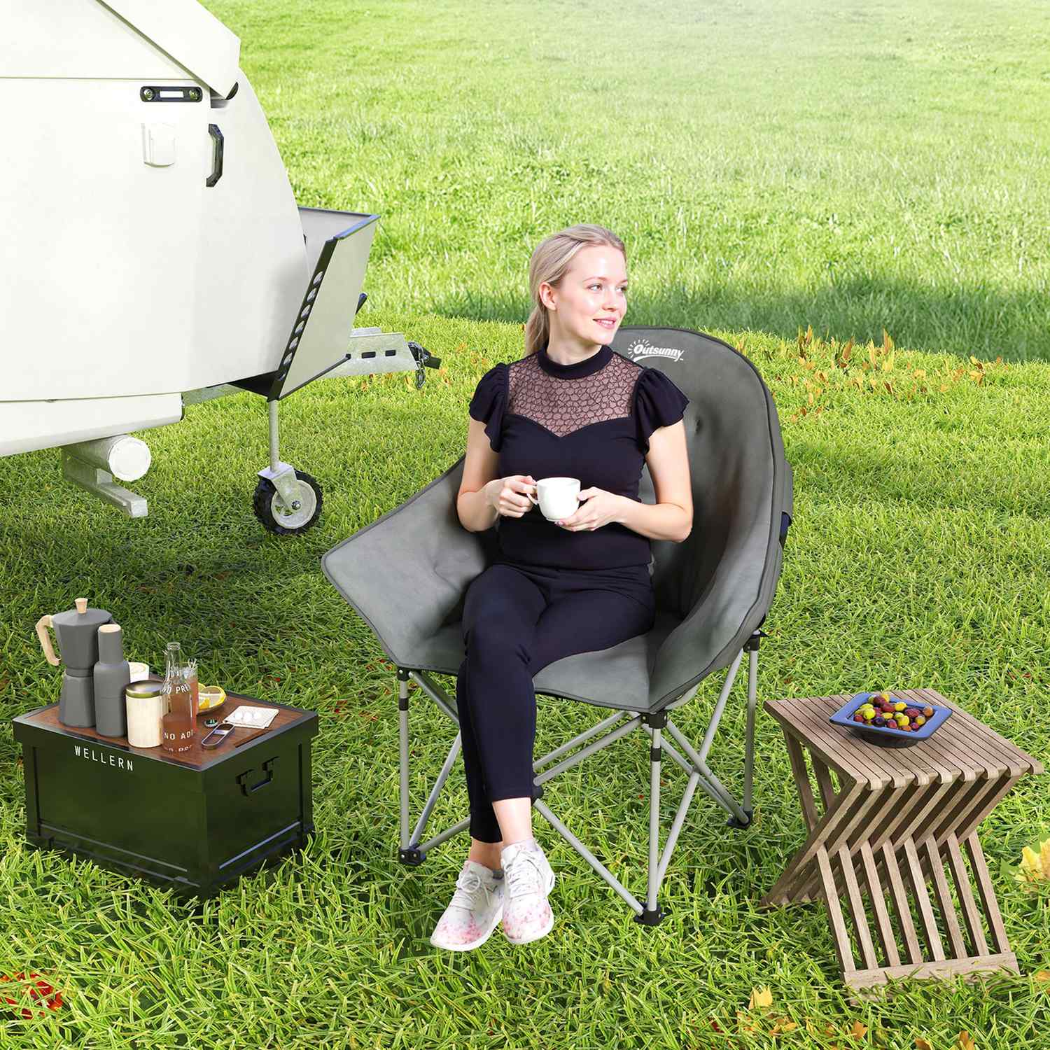 Hopfällbar campingstol med sidficka, lätt, 120 kg kapacitet