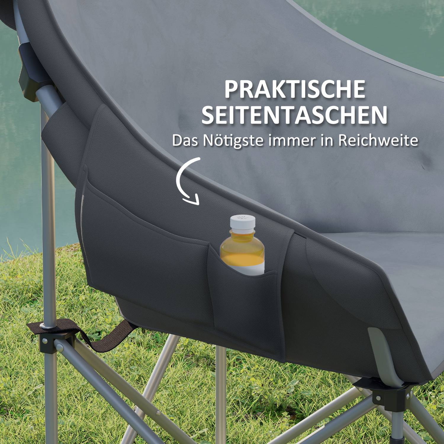 Hopfällbar campingstol med sidficka, lätt, 120 kg kapacitet