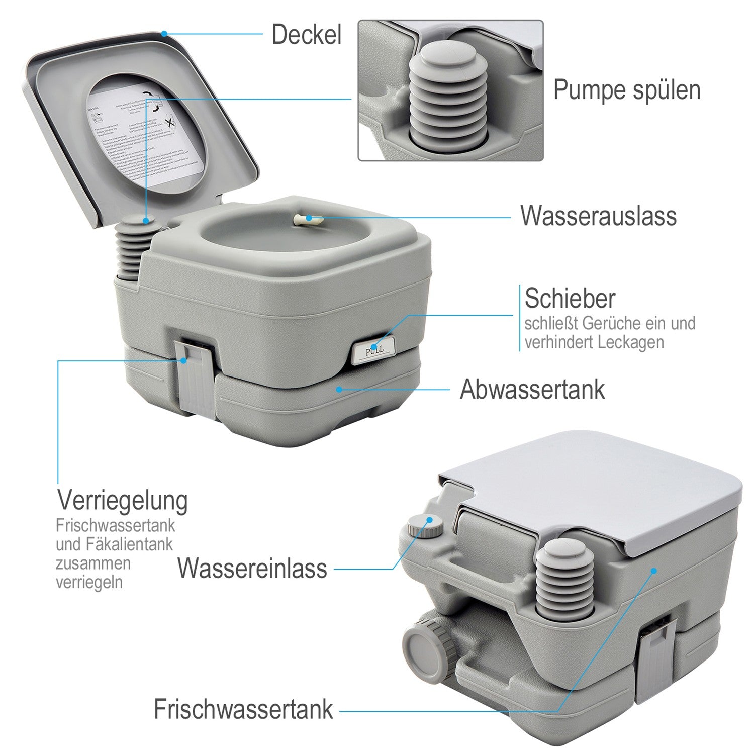 Hopfällbar campingtoalett, 200kg Kapacitet, 10L, Grå
