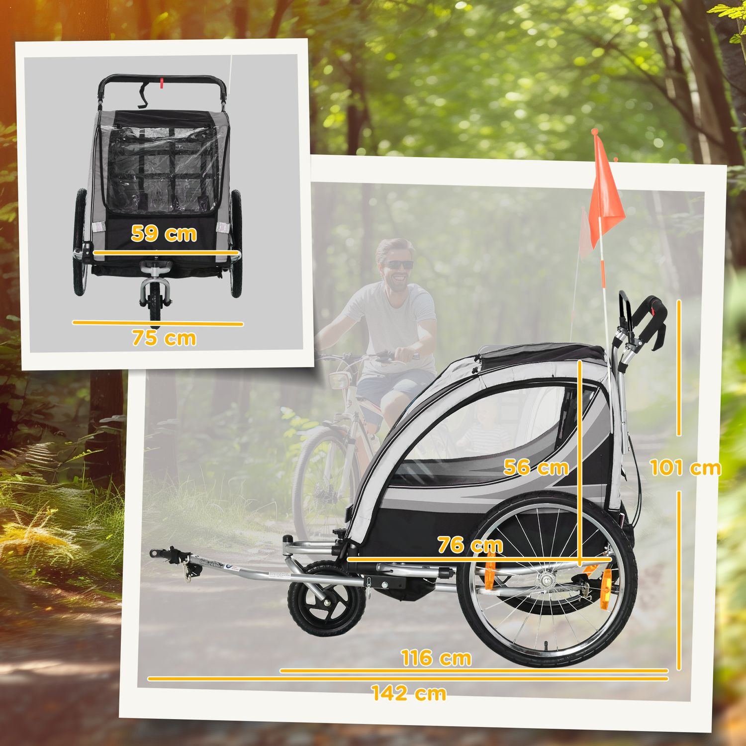 Hopfällbar cykelbarnvagn för 2, 18+ månader, grå