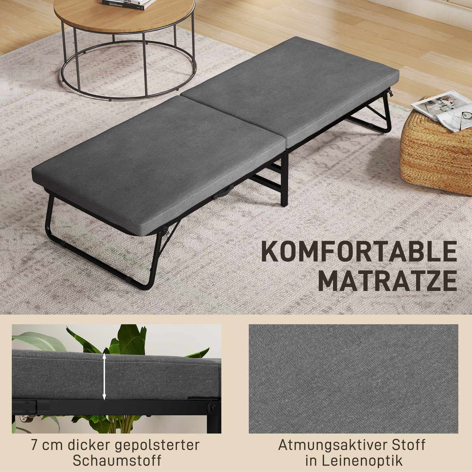 Hopfällbar gästsäng med skummadrass, metallram, mörkgrå