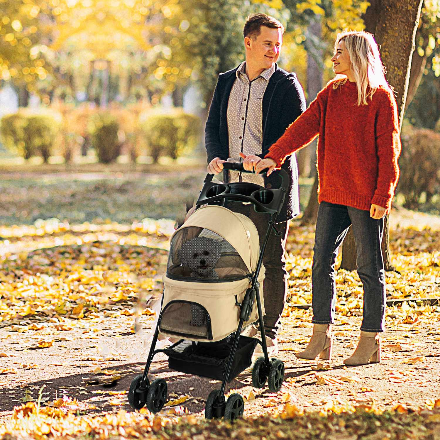 Hopfällbar husdjursvagn för små hundar & katter, Khaki 67x45x96 cm