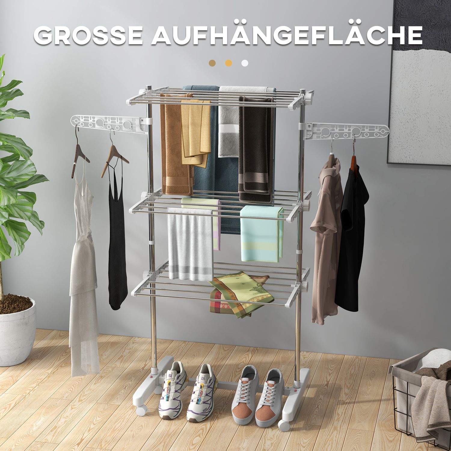 Hopfällbar mobil klädluftare, 3 nivåer, 80-142 cm Justerbar