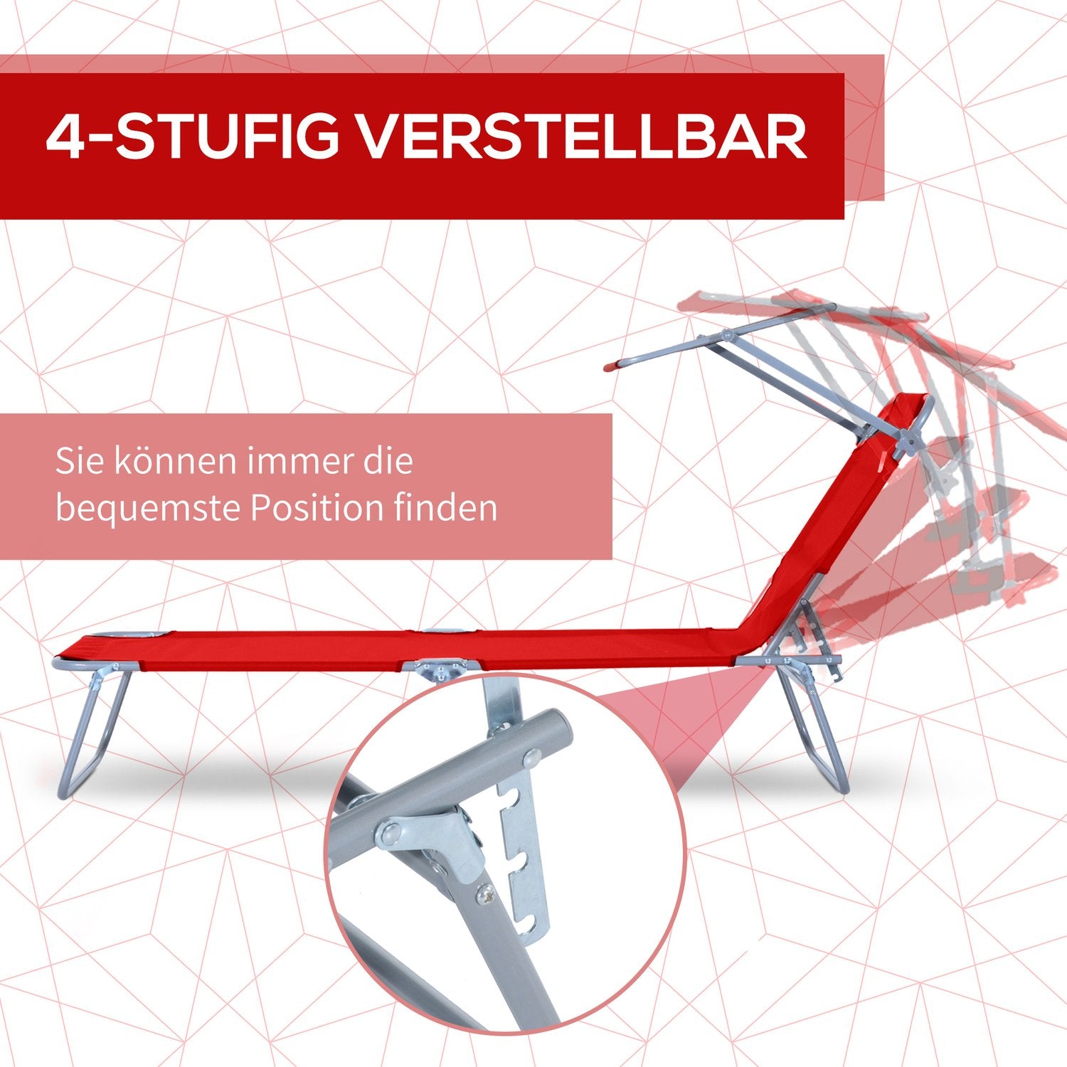 Hopfällbar röd solstol med solskydd för utomhusbruk