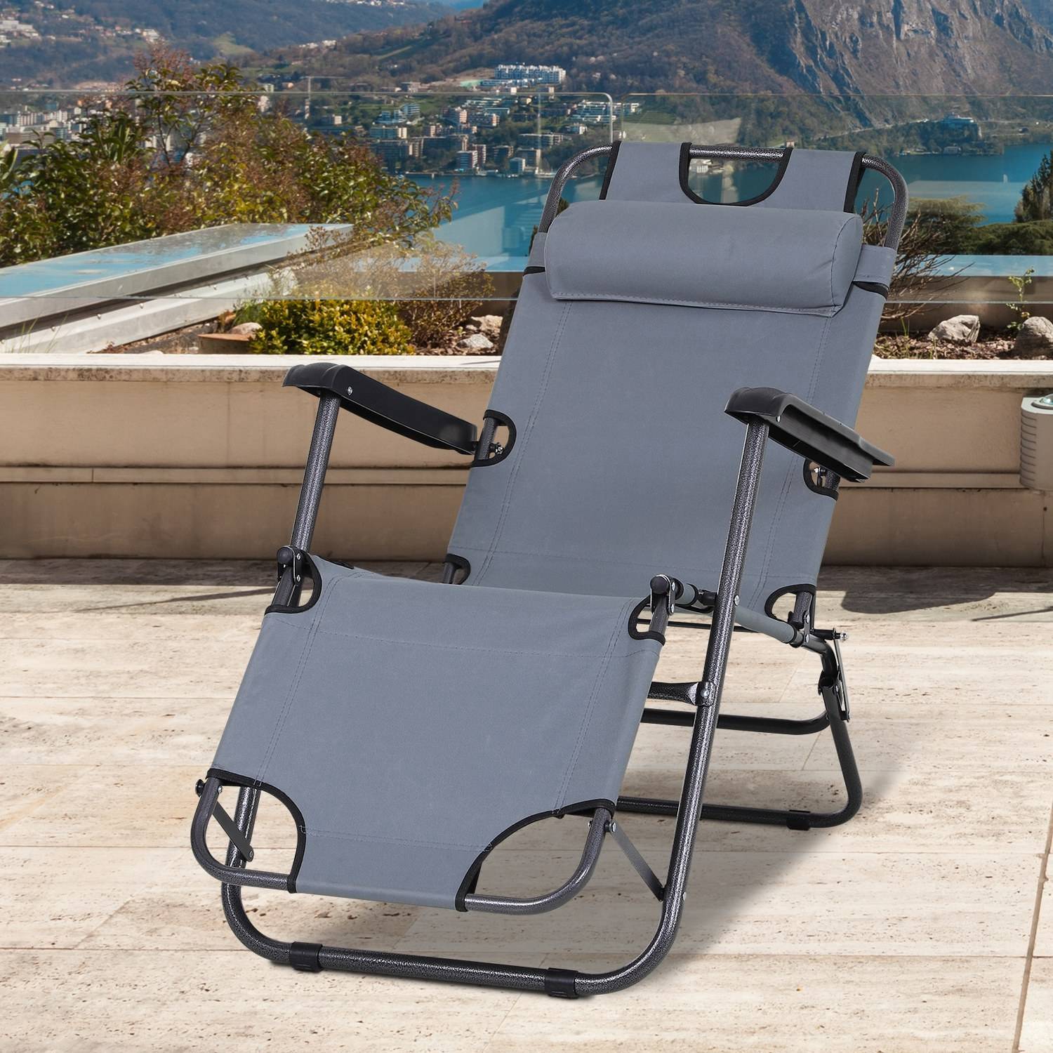 Hopfällbar solstol med kudde, metall & Oxford-tyg, grå