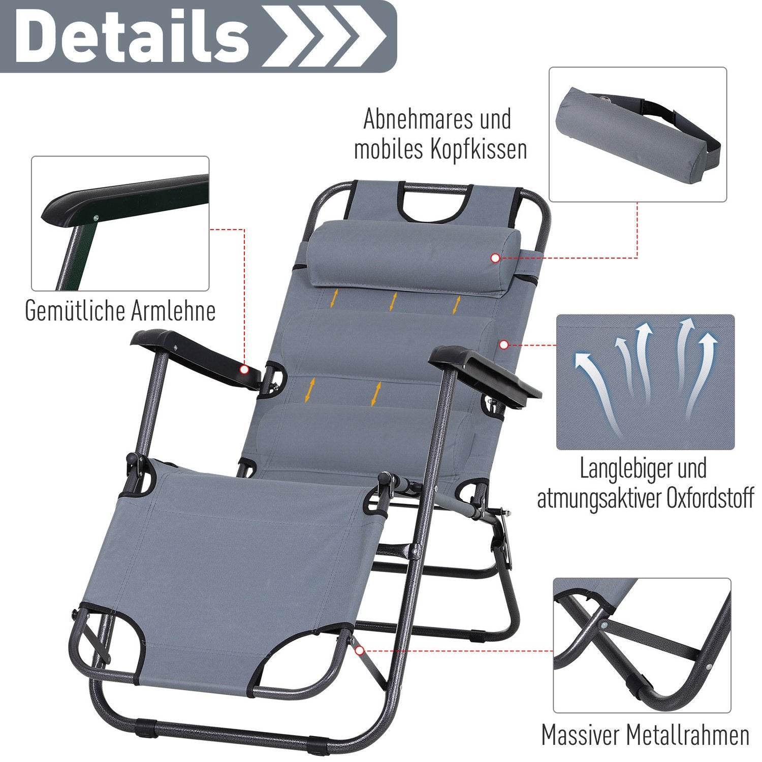Hopfällbar solstol med kudde, metall & Oxford-tyg, grå