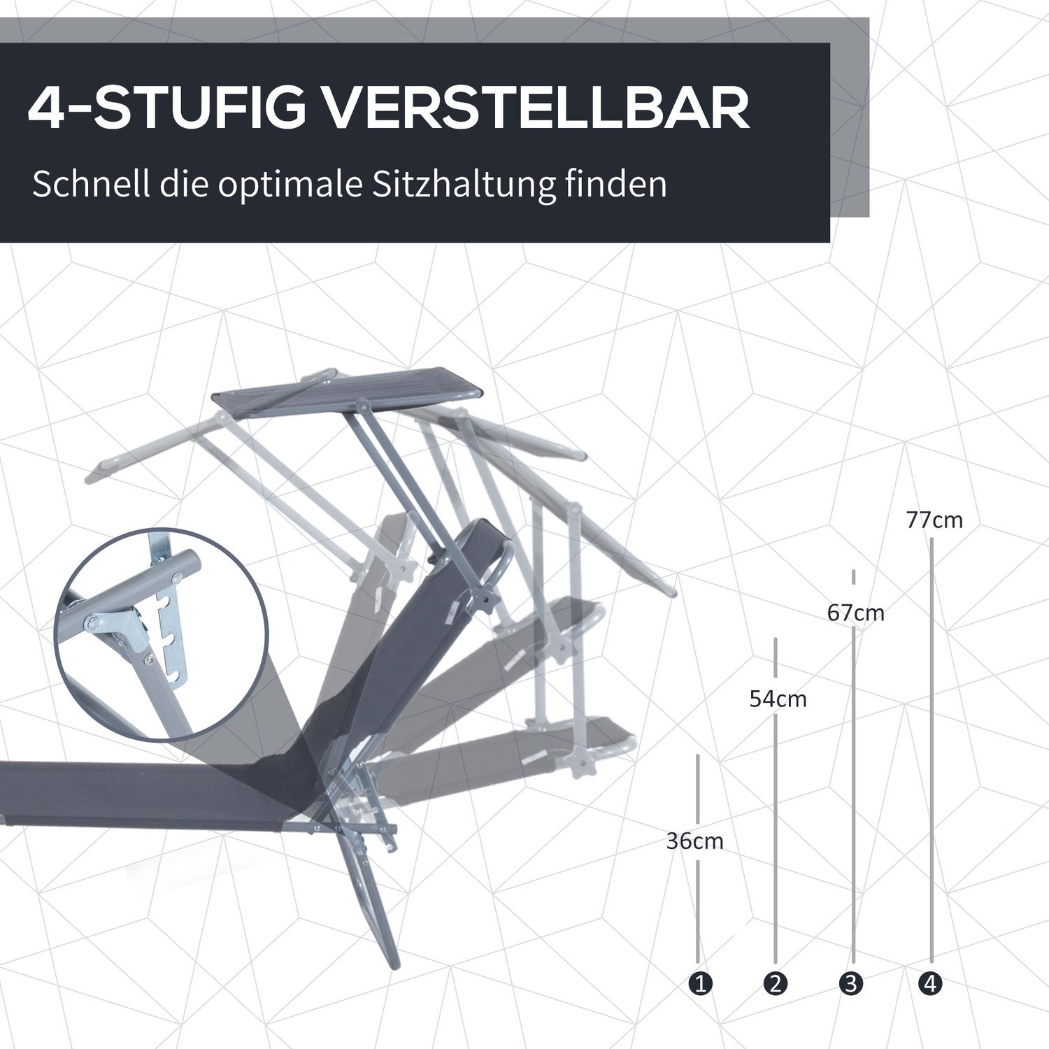 Hopfällbar solstol med solskydd, Grå - 187x58x36 cm