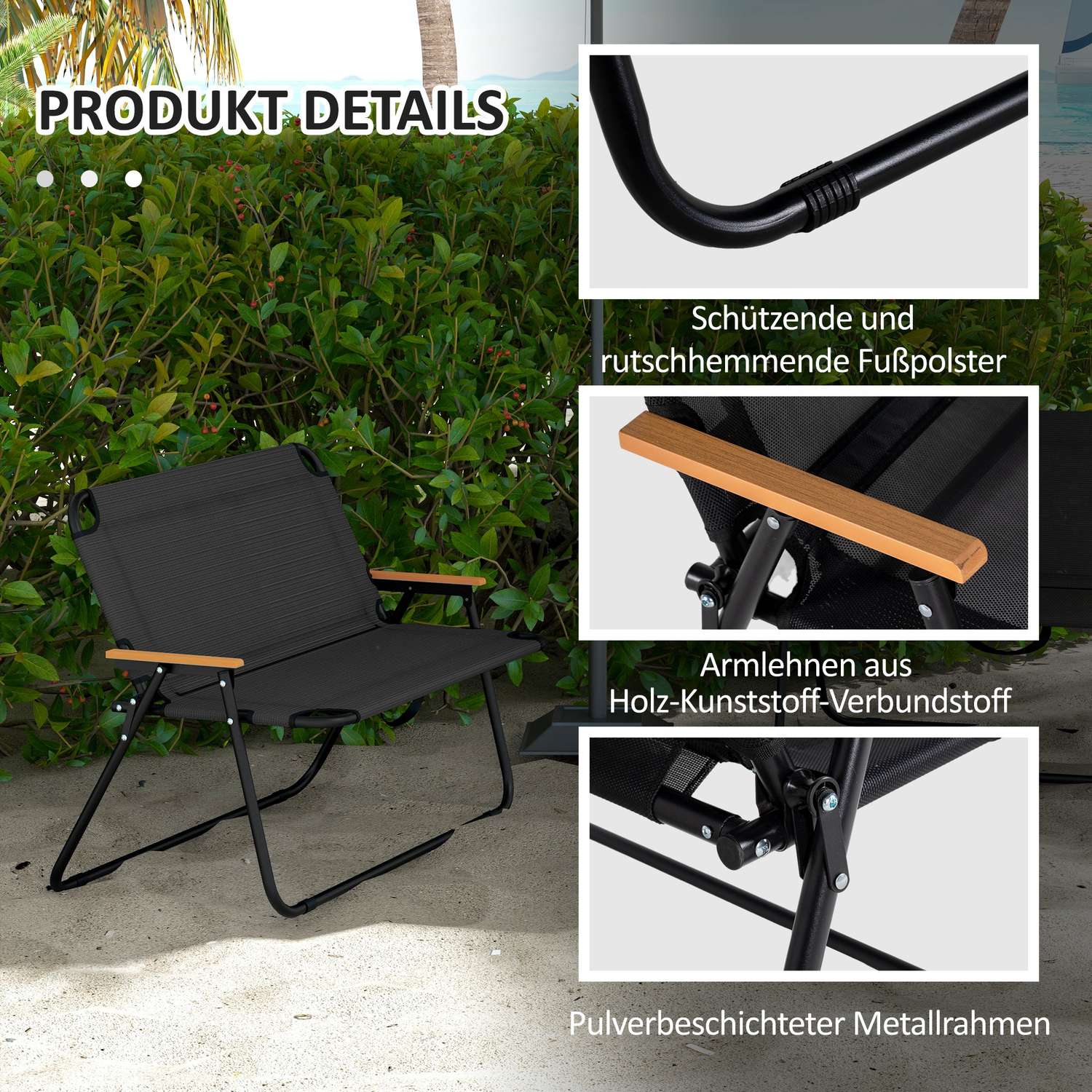 Hopfällbar trädgårdsbänk, 2-sits, 220 kg kapacitet, svart nät