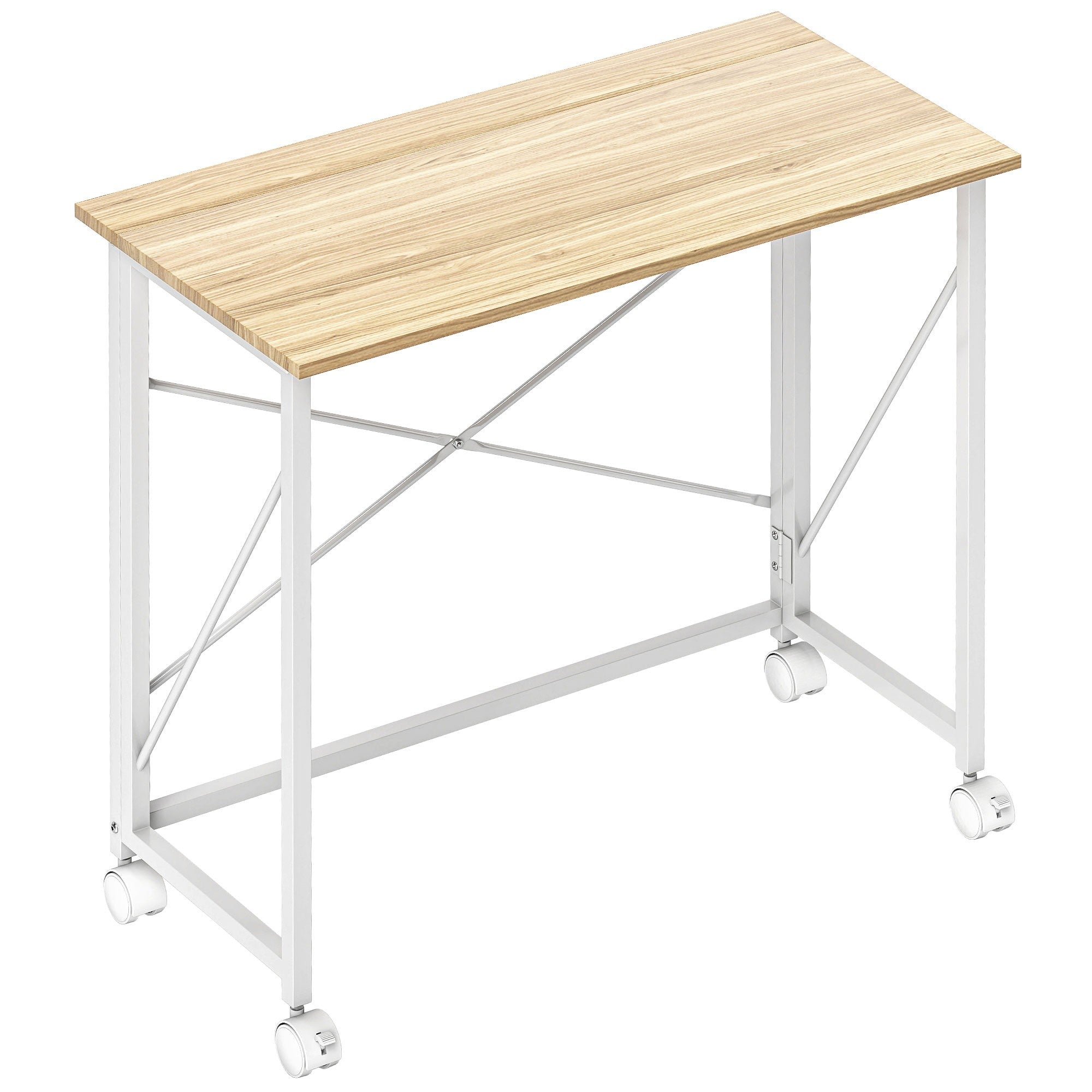 Hopfällbart skrivbord med hjul, platsbesparande, stål MDF, naturlig
