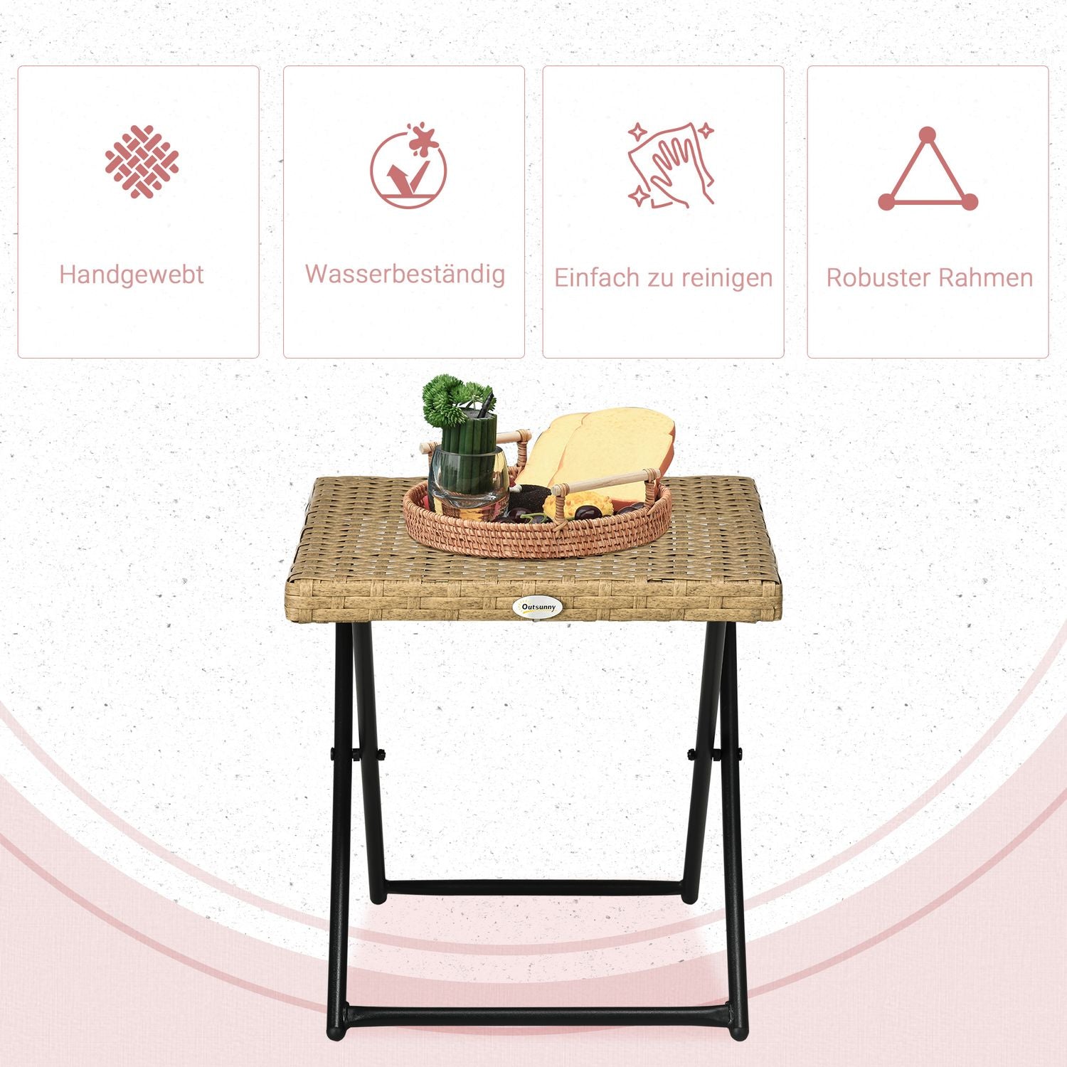 Hopfällbart trädgårdssidobord i polyrattan, metall, 40x40x40Cm