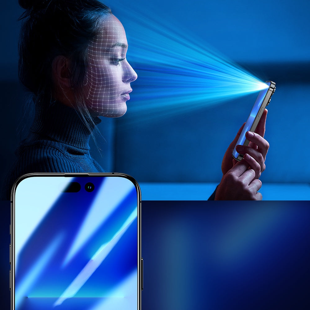 Härdat glas för iPhone 14 Pro med Anti-Spy filter för hela skärmen med en transparent ram