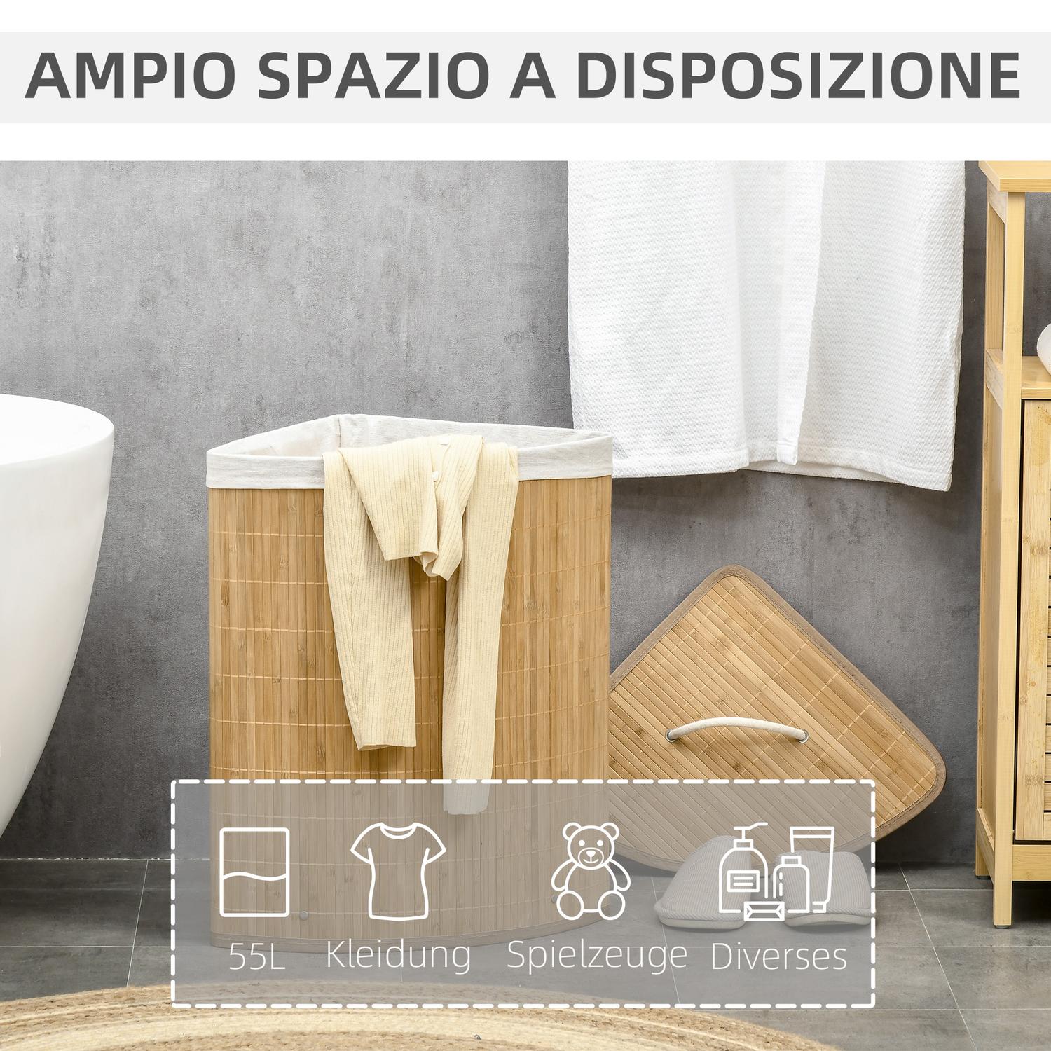 Hörntvättkorg i bambu med lock & avtagbart foder 55L