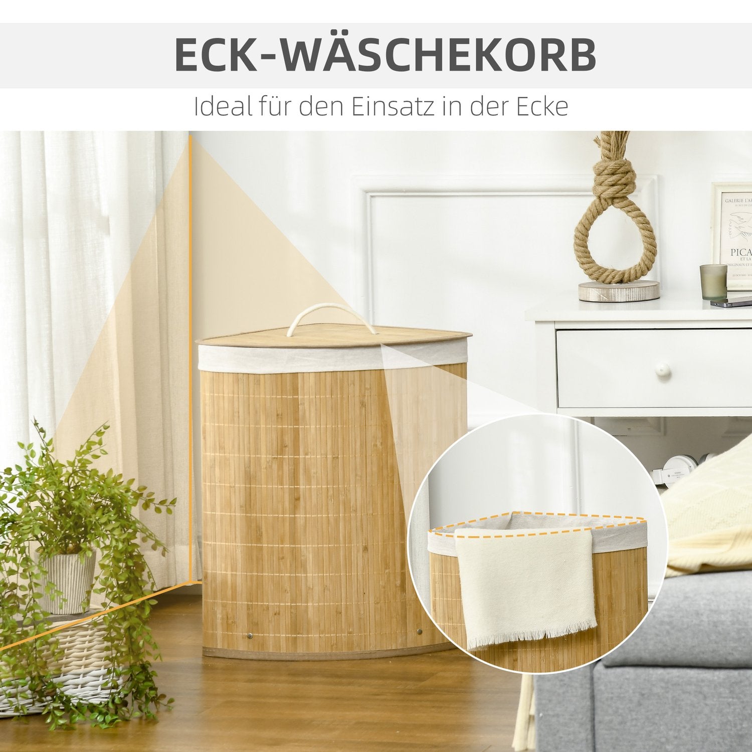 Hörntvättkorg i bambu med lock & avtagbart foder 55L