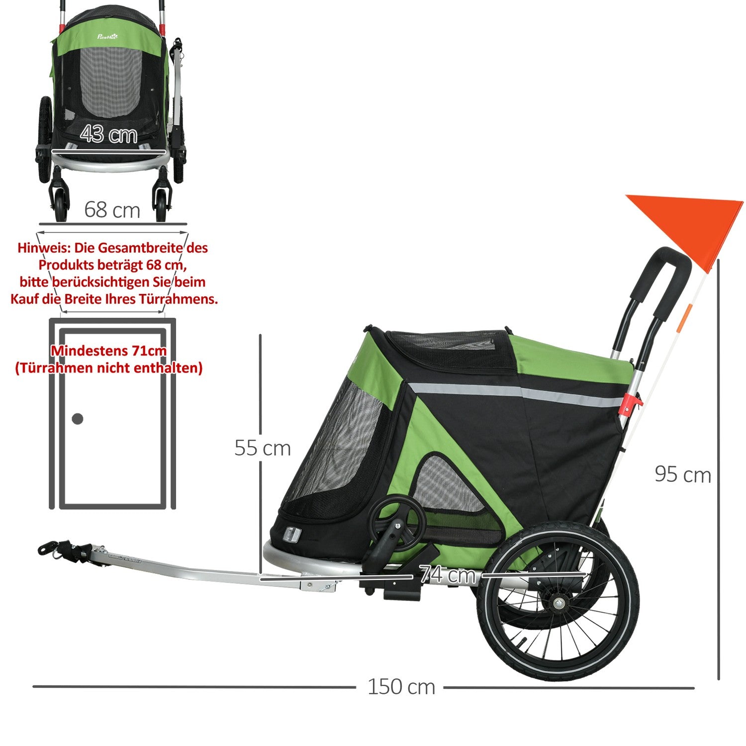 Hundcykelvagn & Buggy, säkerhetskoppel upp till 20 kg, grön