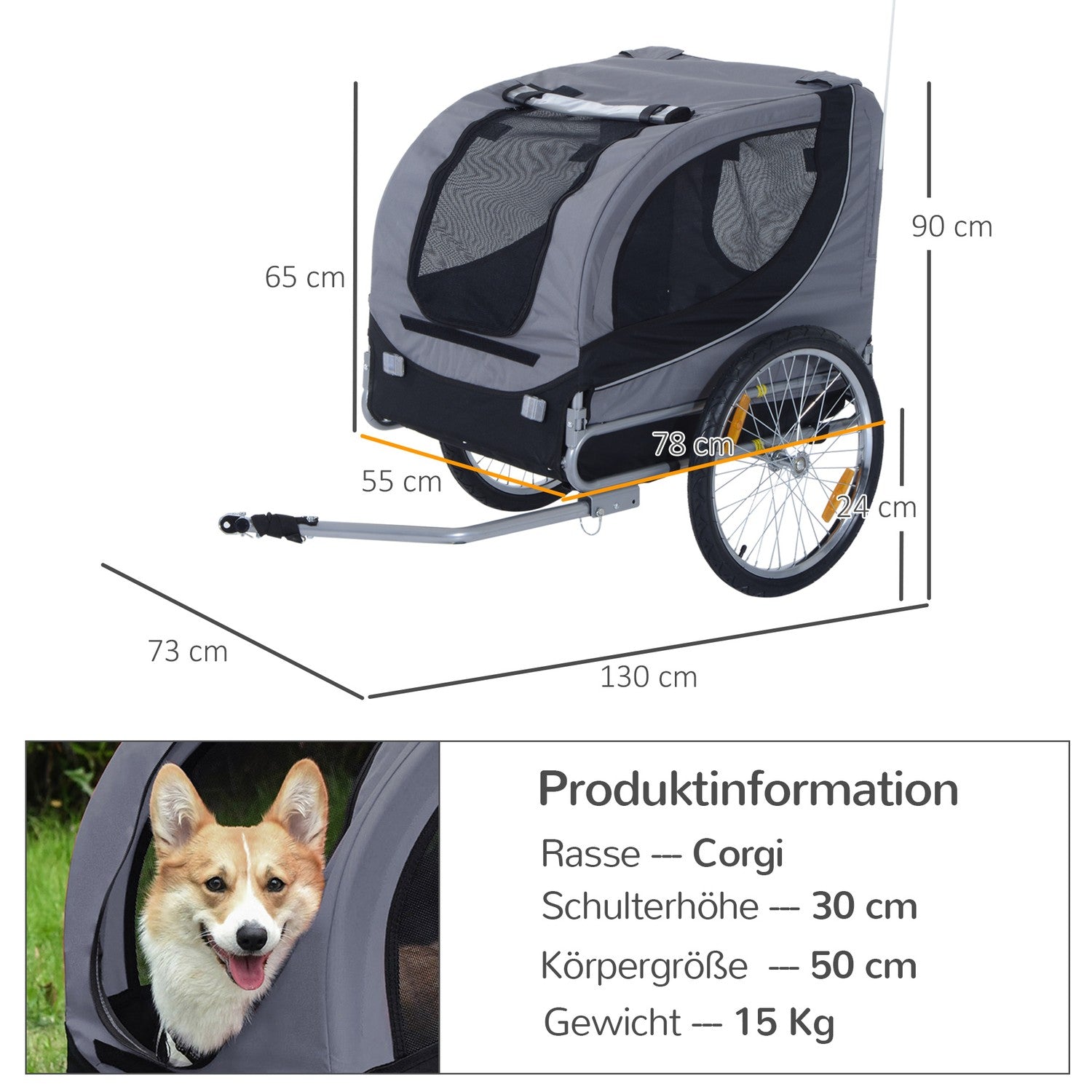 Hundcykelvagn, Grå/Svart, 130x73x90 cm Transporter