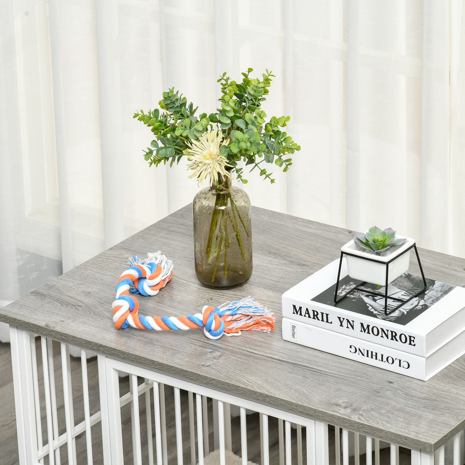 Hundlåda med trälook, bordsskiva, kudde, medium, vit/grå