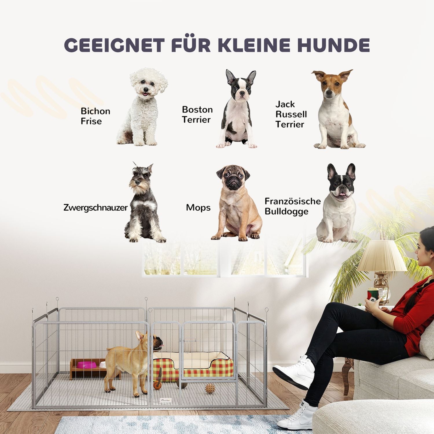 Hundlekhage i stål, 60 cm, 8-delad, med dörr för små husdjur