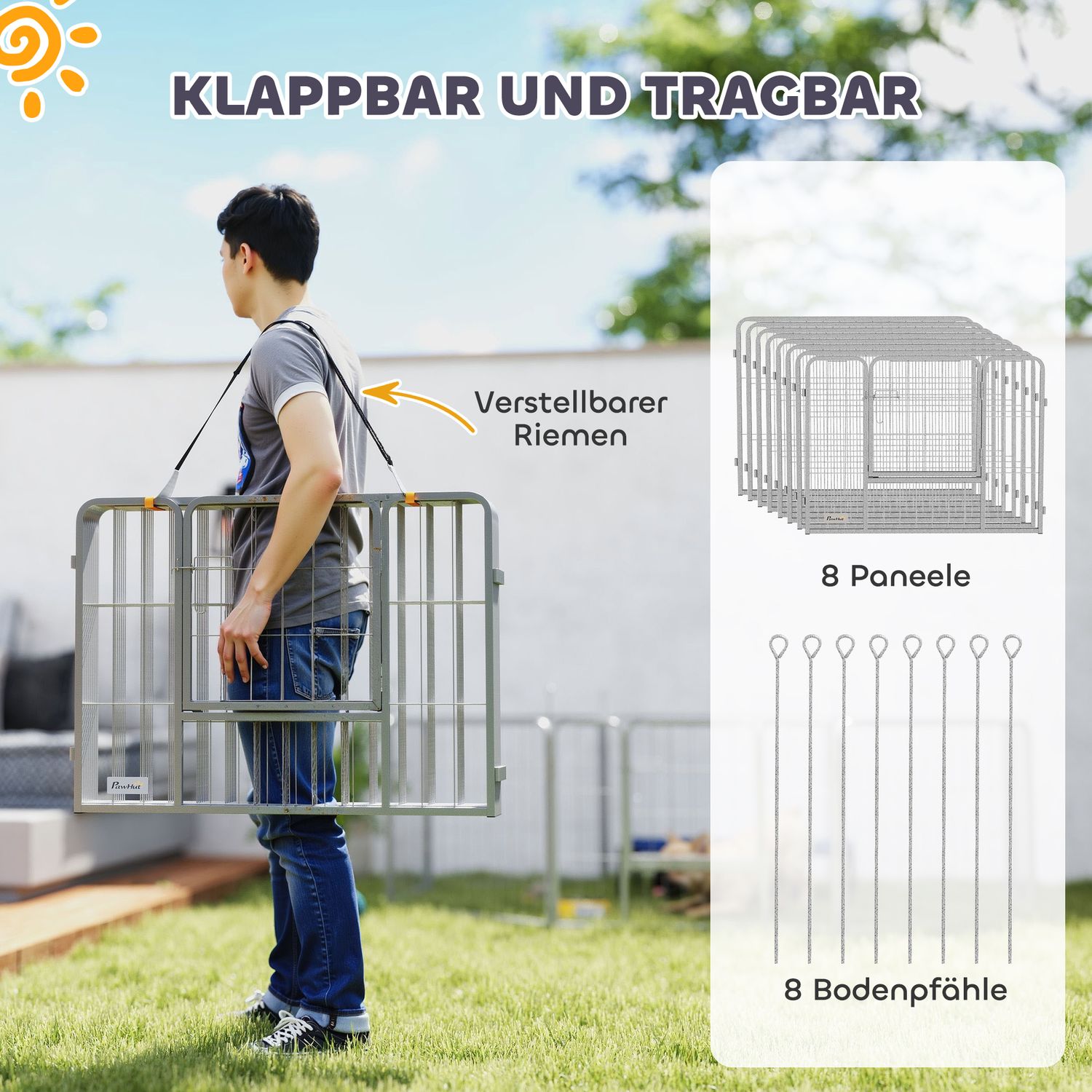 Hundlekhage i stål, 60 cm, 8-delad, med dörr för små husdjur