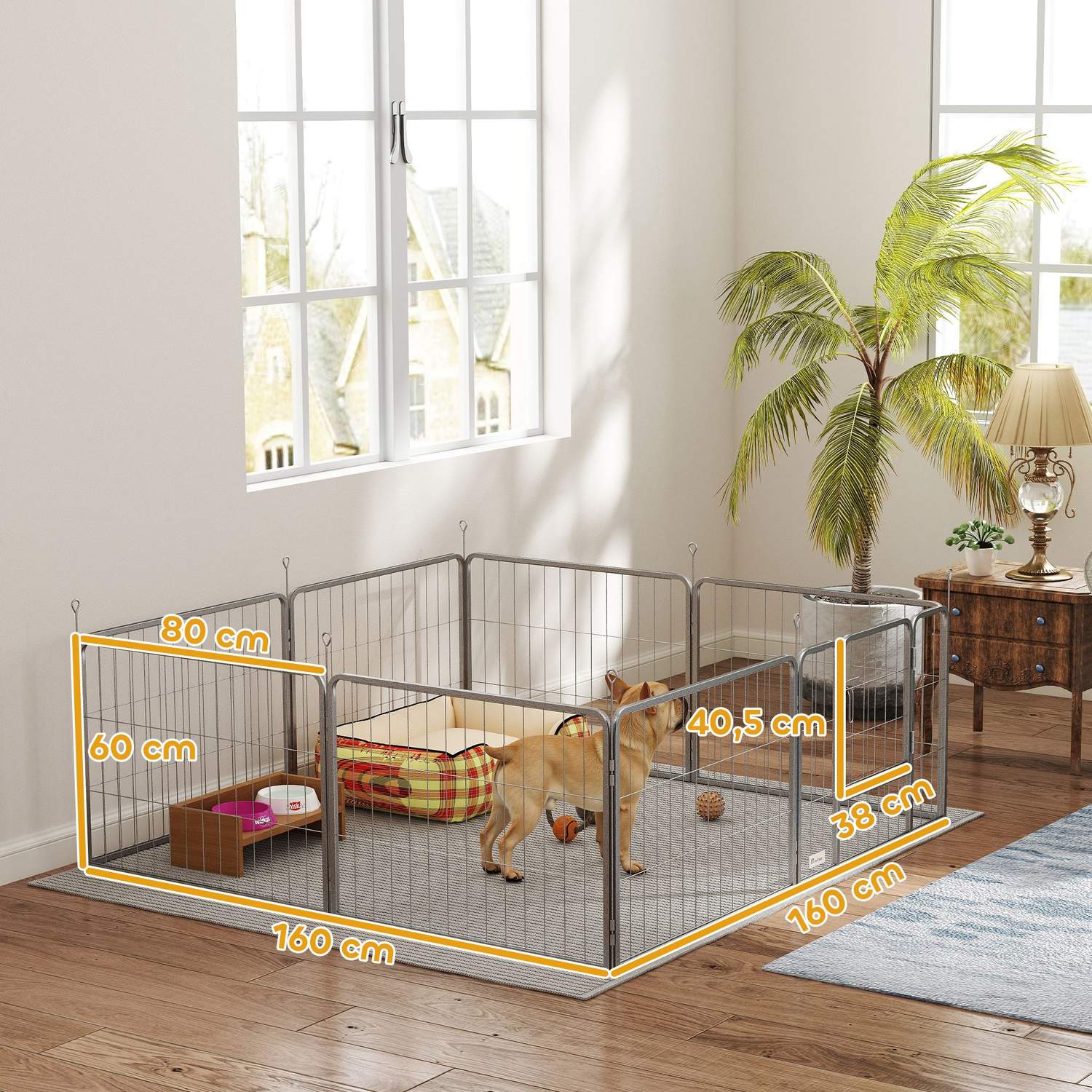 Hundlekhage i stål, 60 cm, 8-delad, med dörr för små husdjur