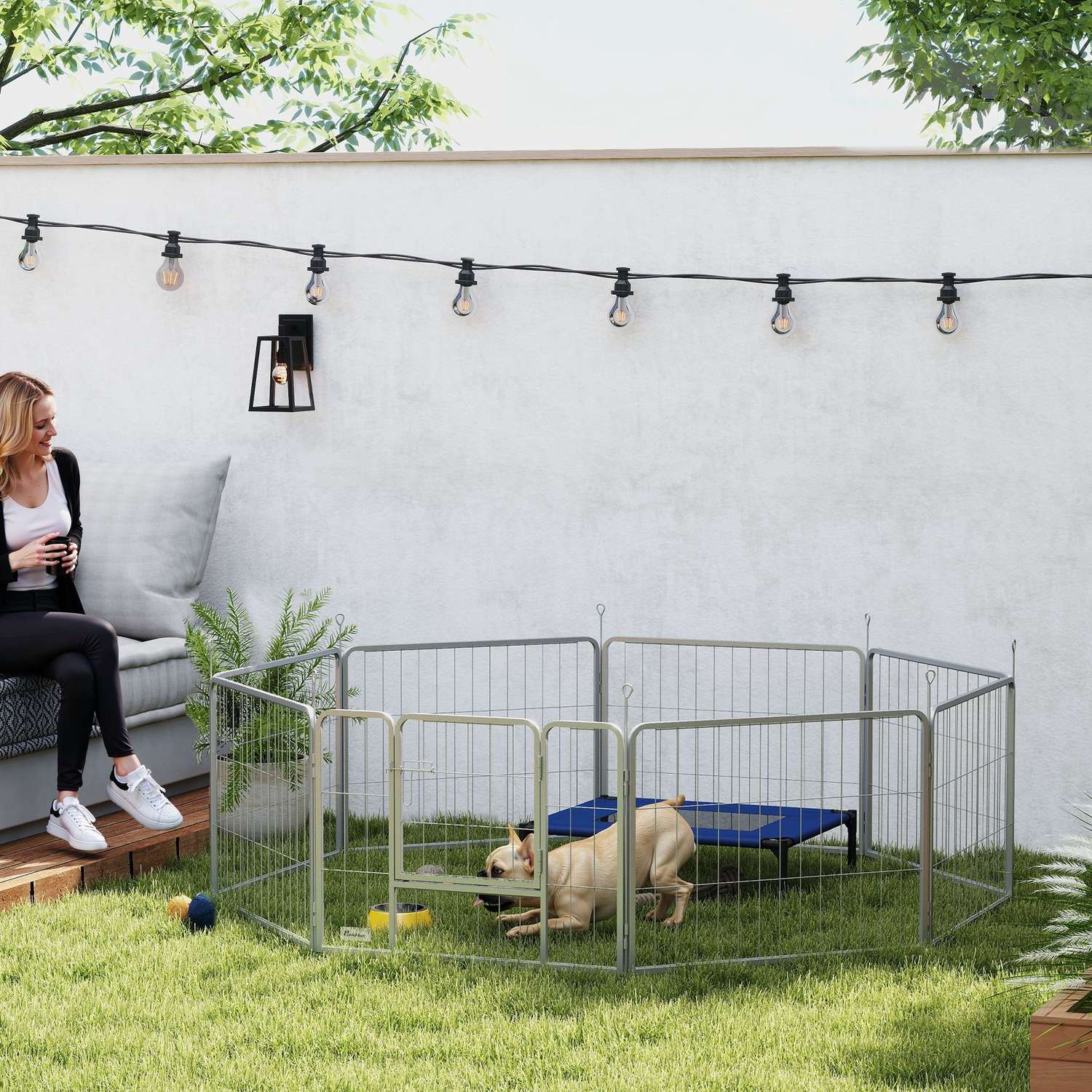 Hundlekhage i stål, 60 cm, 8-delad, med dörr för små husdjur
