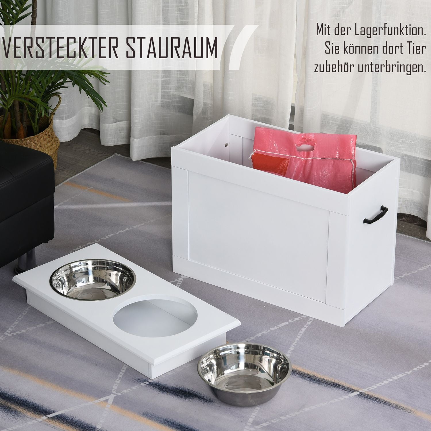 Hundfoderstation med förvaring – Vit, 60x30x41cm