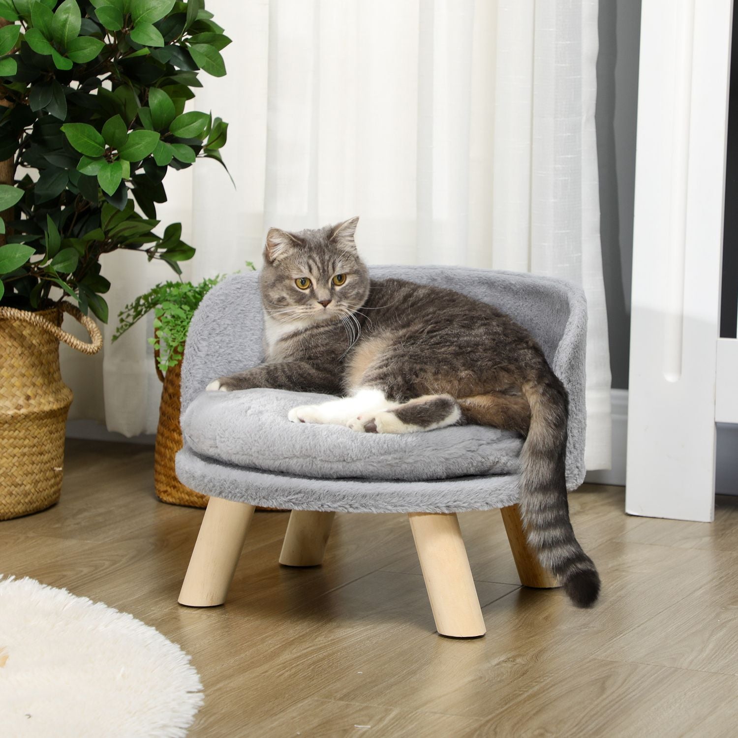 Grå hund- och kattsäng med halkfria träfötter, 40,5 cm