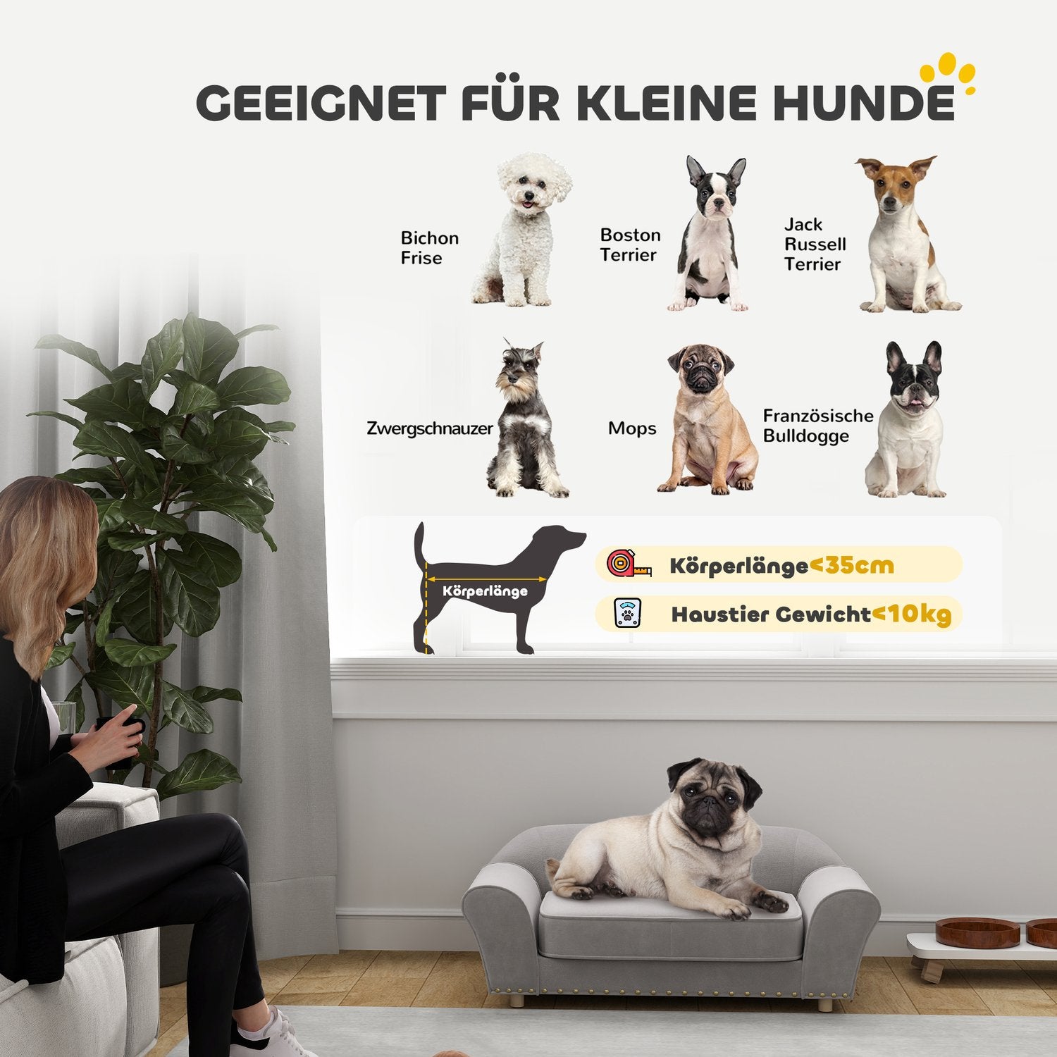 Liten bäddsoffa för hund, tvättbar kudde, dubb, grå