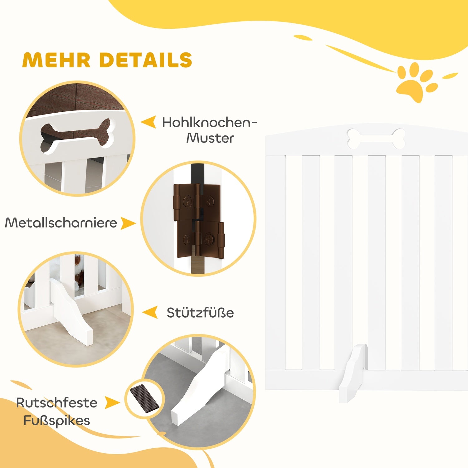 Hundspärrport, hopfällbar, 4-delad, 207,5 x 61 cm, vit