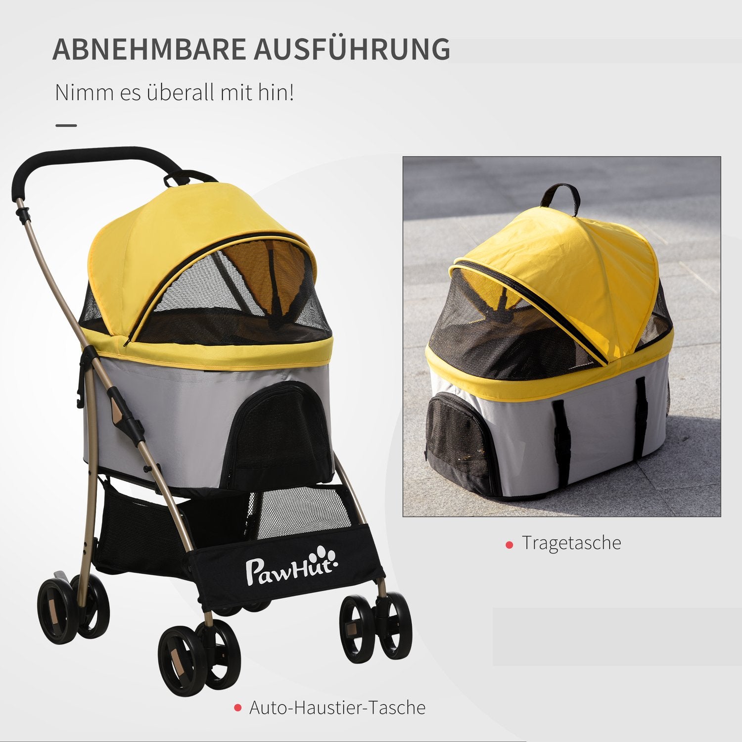 Hopfällbar hundvagn och bärsele med kudde, nätfönster