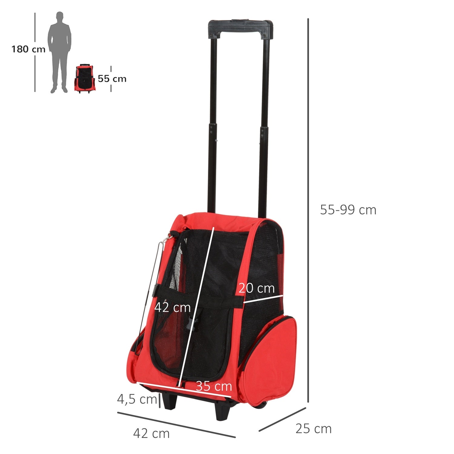 Pet Carrier Trolley Bag, Andas, Röd, 42x25x55 cm