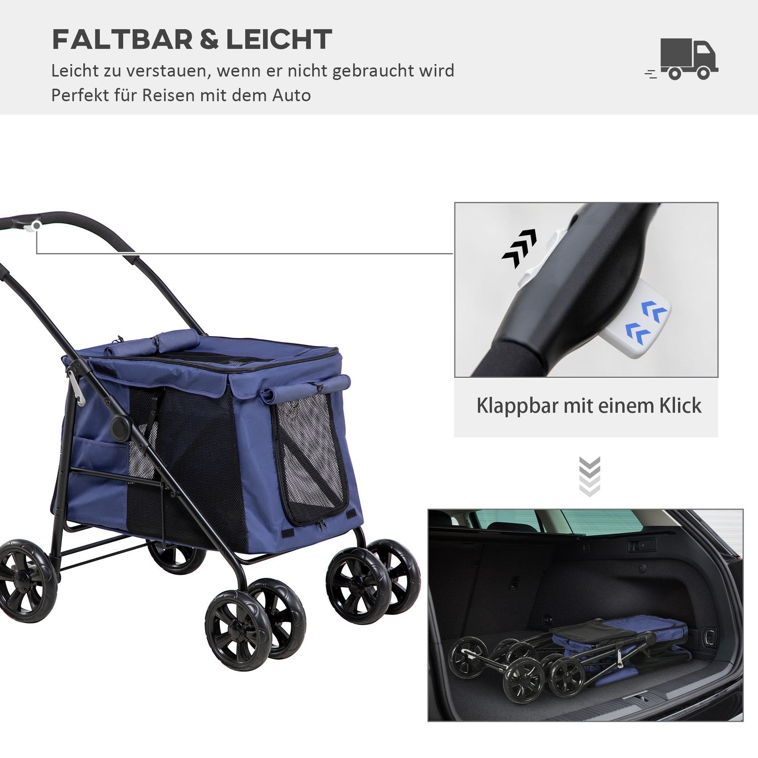 Hundvagn med dyna, nätfönster, för hundar upp till 20 kg