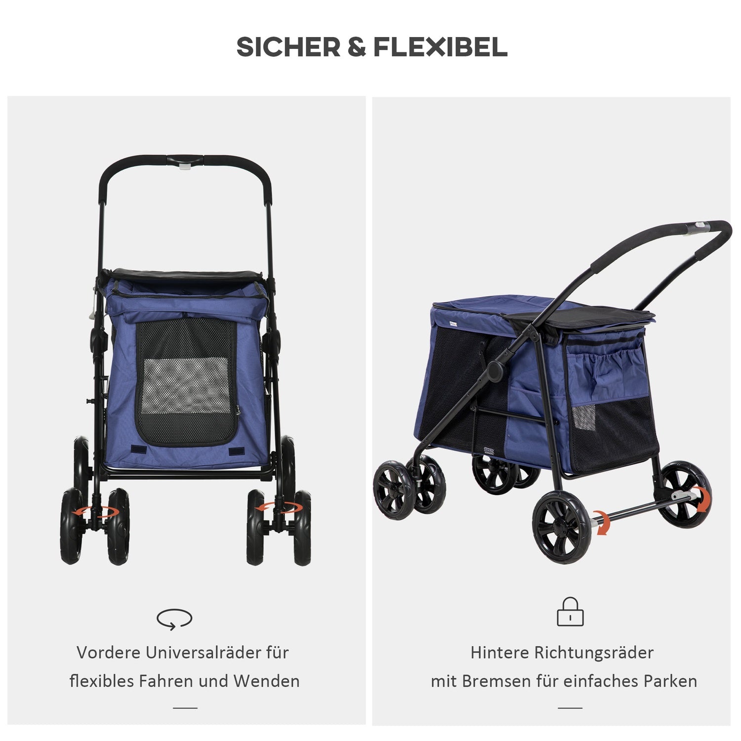 Hundvagn med dyna, nätfönster, för hundar upp till 20 kg