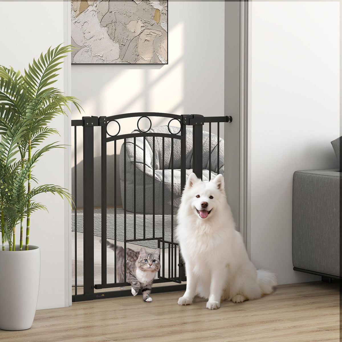 Huisdierenhek, 96 cm, verstelbaar 76-104 cm, kattenluik, zwart