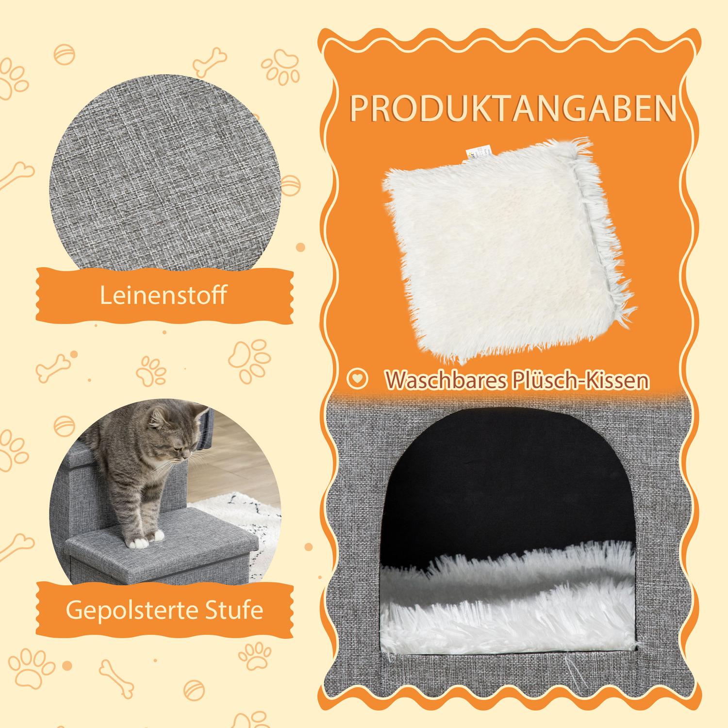 Husdjurstrappa 3-stegs med förvaring och dyna, upp till 10 kg