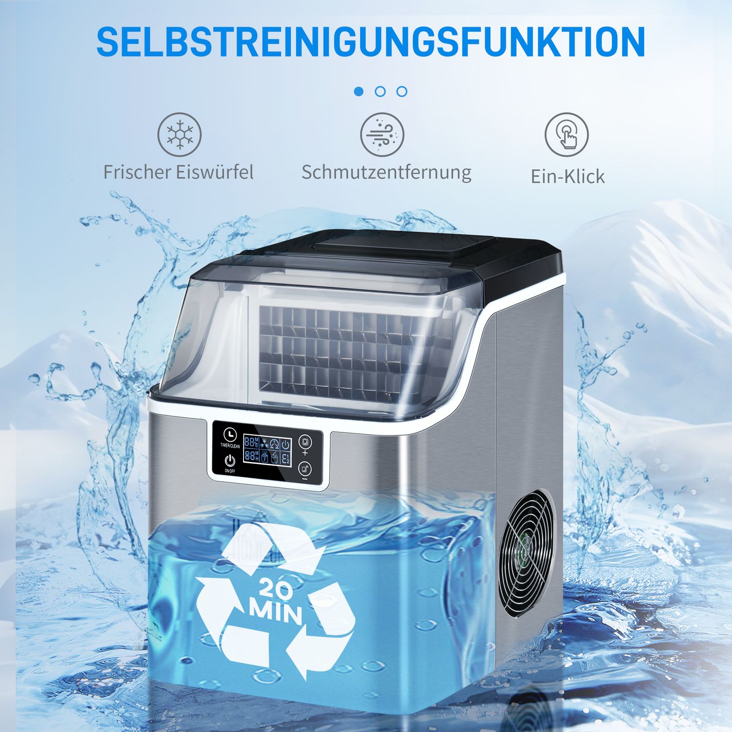 Ice Cube Maker, 20 Kg/24H, självrengörande rostfritt stål