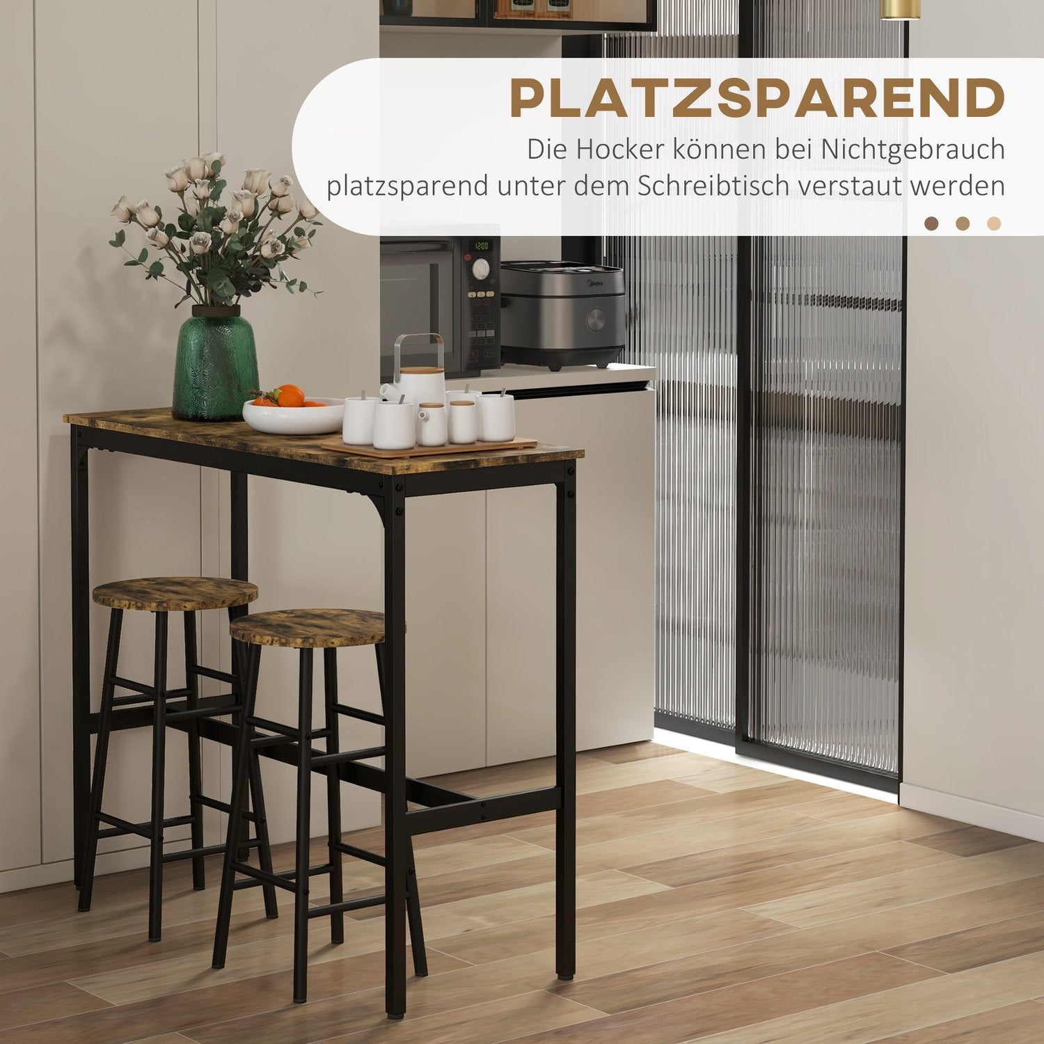 Industriell barbordsset med pallar, rustikt brunt stål