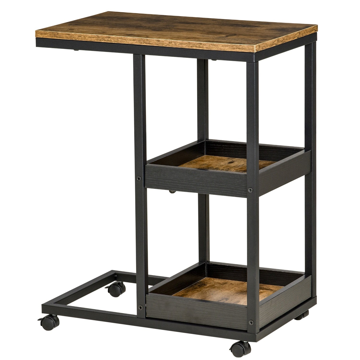 Industriellt sidobord med hjul, mörkbrun, 51x33x66 cm