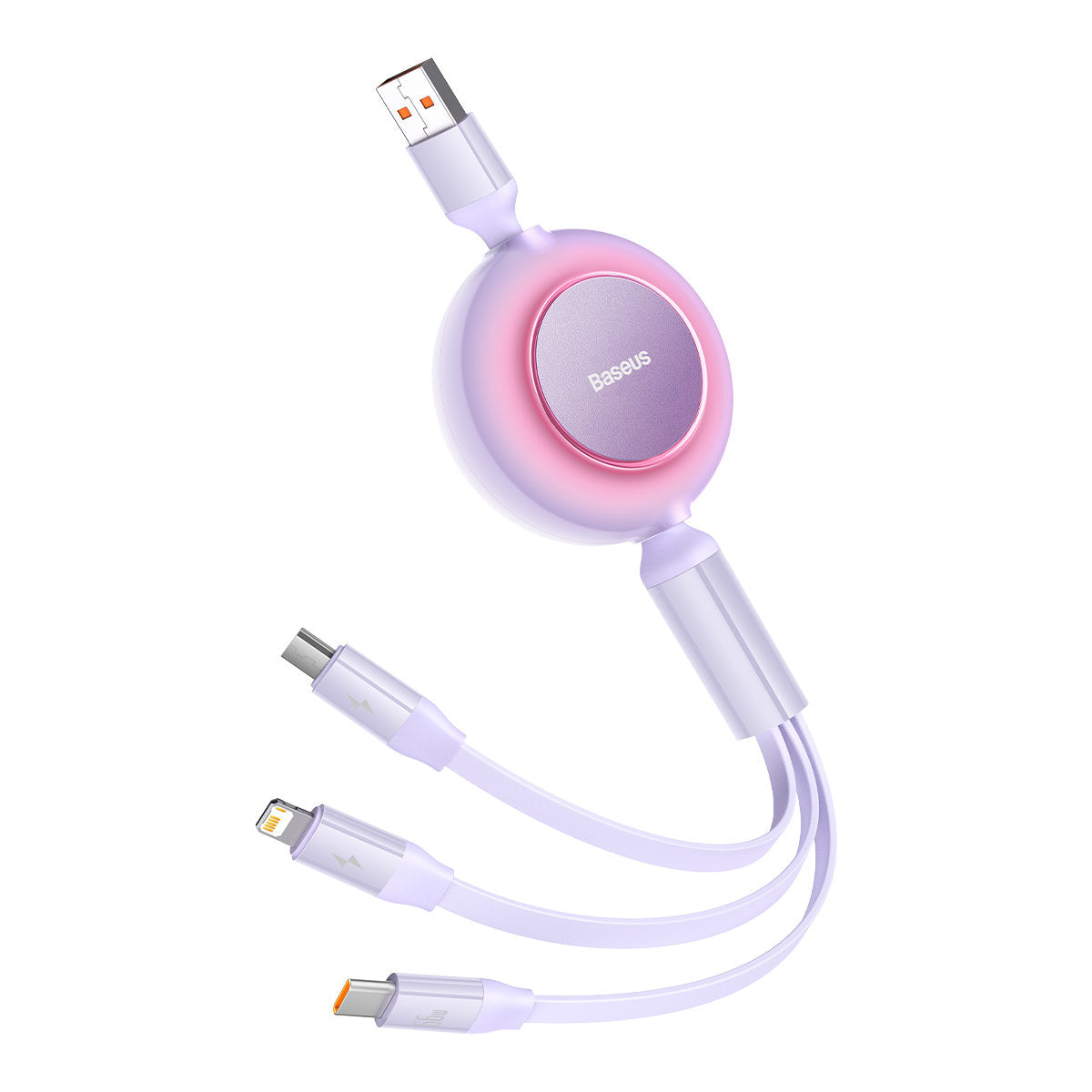 Infällbar kabel 3in1 USB microUSB + Iphone Lightning + USB-C 66W 1,1m lila